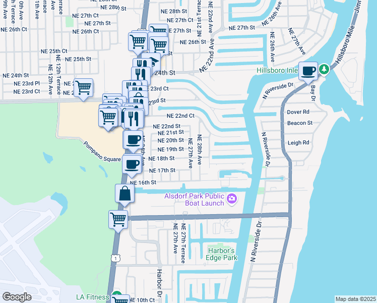 map of restaurants, bars, coffee shops, grocery stores, and more near 2670 Northeast 18th Street in Pompano Beach