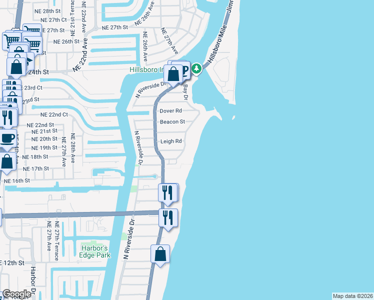 map of restaurants, bars, coffee shops, grocery stores, and more near 1906 Bay Drive in Pompano Beach