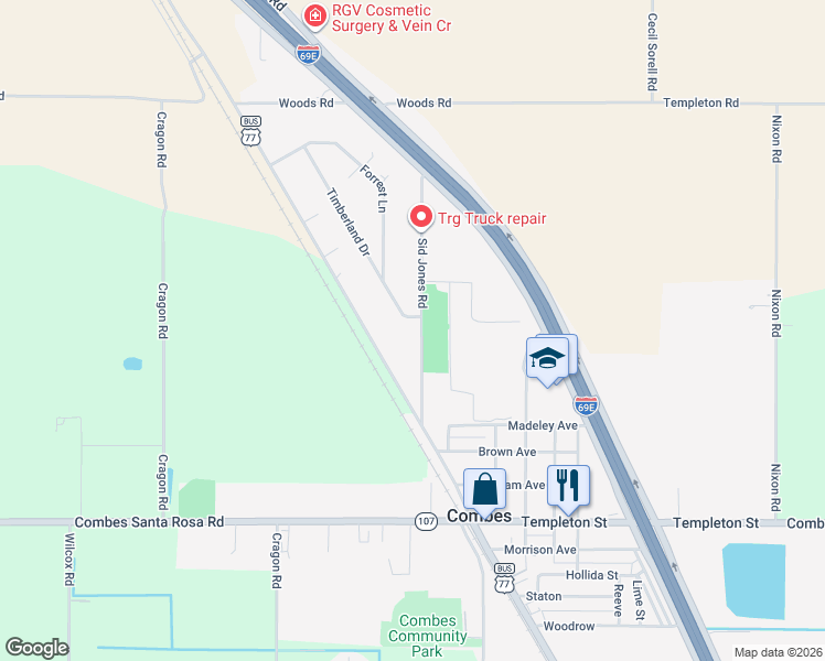 map of restaurants, bars, coffee shops, grocery stores, and more near 21045 S Business Highway 77 in Harlingen