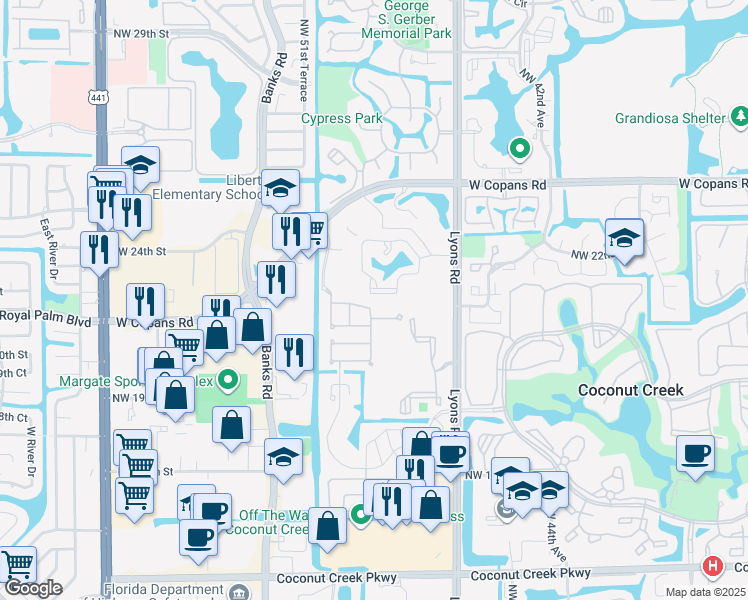 map of restaurants, bars, coffee shops, grocery stores, and more near 2110 Northwest 48th Avenue in Coconut Creek