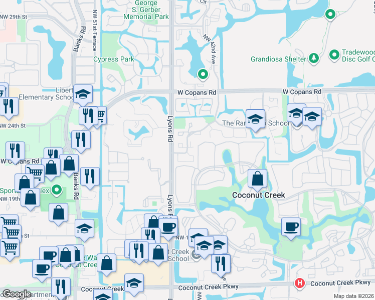 map of restaurants, bars, coffee shops, grocery stores, and more near 4502 Northwest 45th Avenue in Coconut Creek