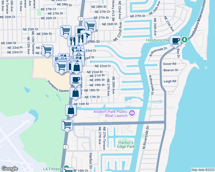 map of restaurants, bars, coffee shops, grocery stores, and more near 2670 Northeast 18th Street in Pompano Beach