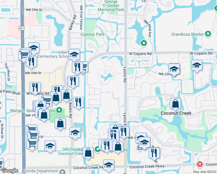 map of restaurants, bars, coffee shops, grocery stores, and more near 4702 Northwest 21st Court in Coconut Creek