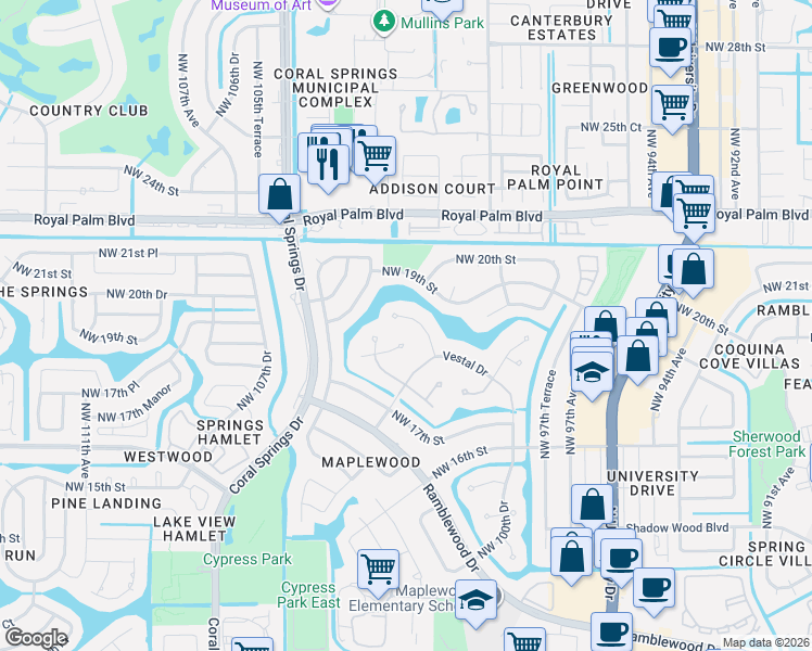 map of restaurants, bars, coffee shops, grocery stores, and more near 1749 Vestal Way in Coral Springs