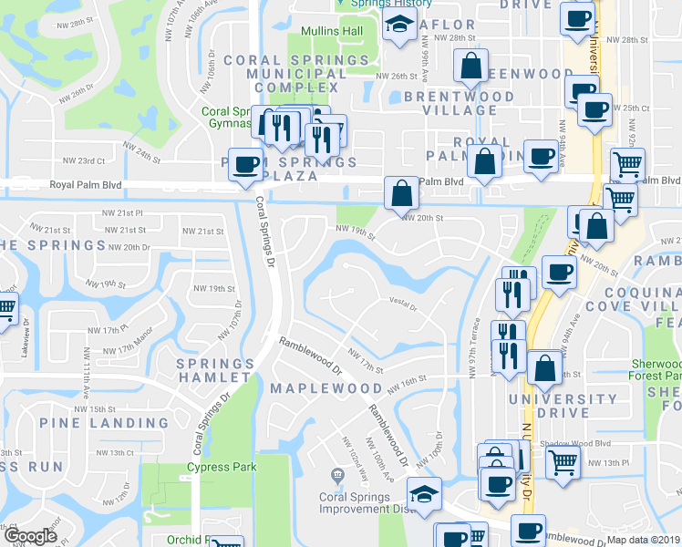 map of restaurants, bars, coffee shops, grocery stores, and more near 1749 Vestal Way in Coral Springs