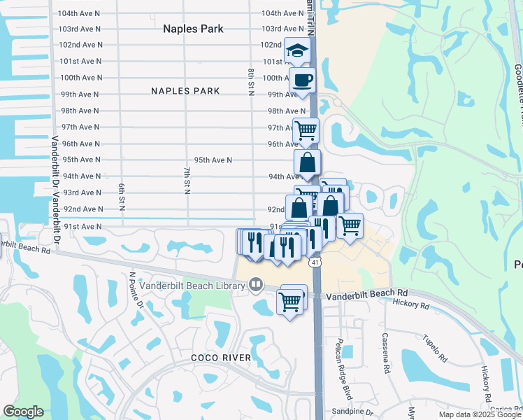 map of restaurants, bars, coffee shops, grocery stores, and more near 821 91st Avenue North in Naples