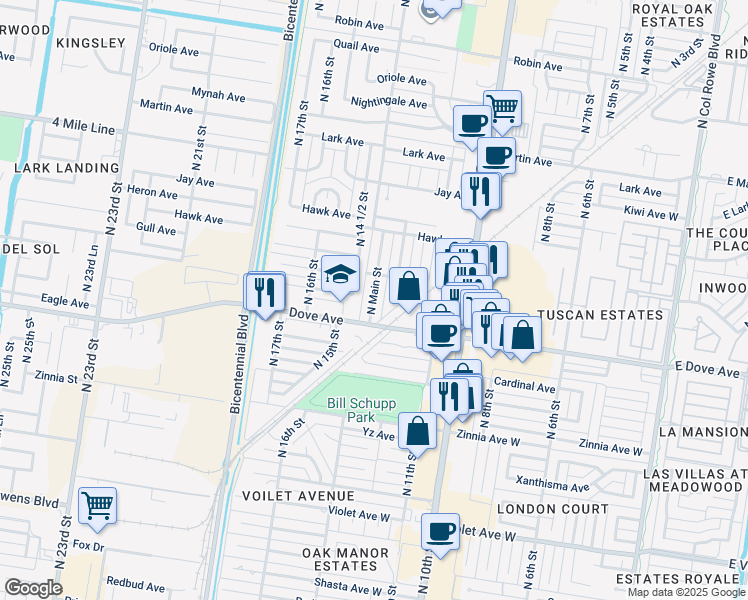 map of restaurants, bars, coffee shops, grocery stores, and more near 5609 North Broadway Street in McAllen