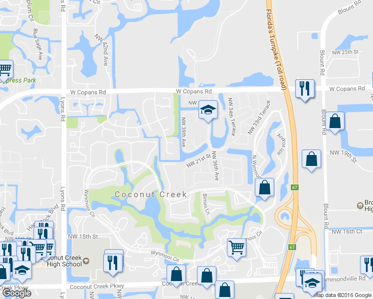 map of restaurants, bars, coffee shops, grocery stores, and more near 3870 Northwest 21st Court in Coconut Creek