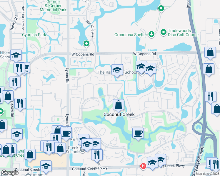 map of restaurants, bars, coffee shops, grocery stores, and more near 2103 Lucaya Bend in Coconut Creek