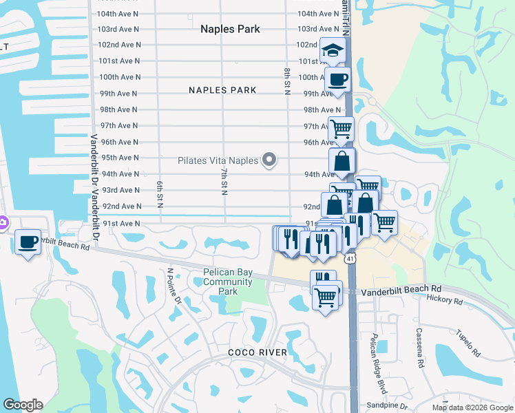 map of restaurants, bars, coffee shops, grocery stores, and more near 753 91st Avenue North in Naples