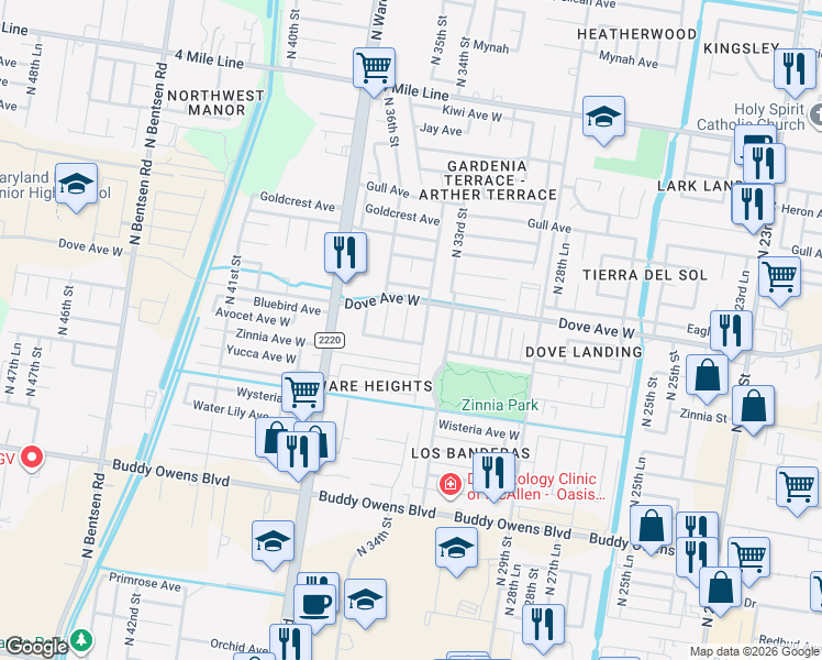 map of restaurants, bars, coffee shops, grocery stores, and more near 5513 North 34th Street in McAllen