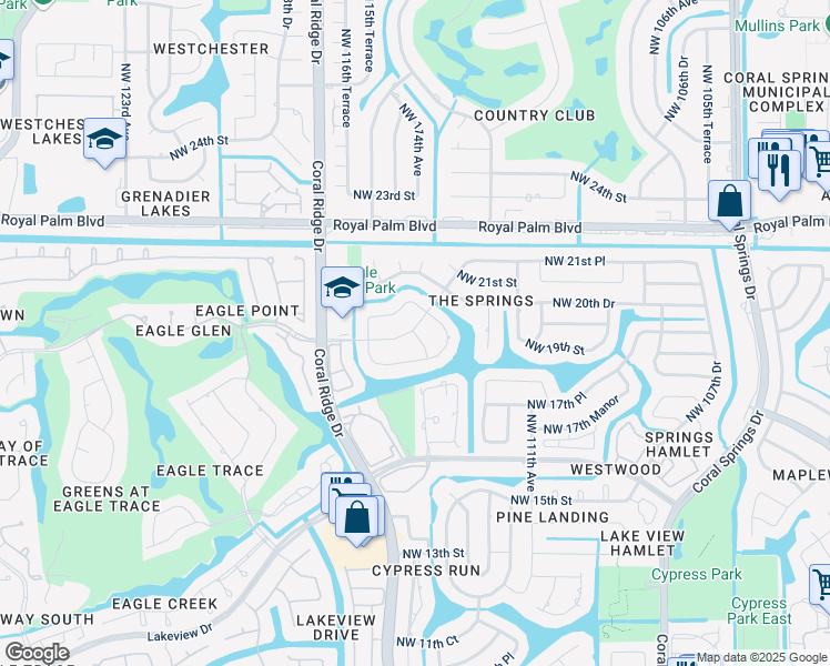 map of restaurants, bars, coffee shops, grocery stores, and more near 11355 Northwest 19th Drive in Coral Springs