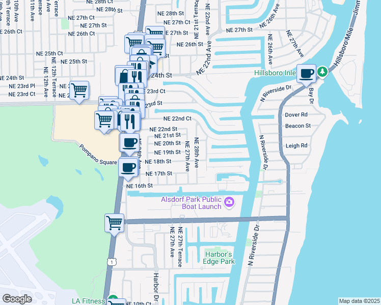 map of restaurants, bars, coffee shops, grocery stores, and more near 2800 Northeast 20th Street in Pompano Beach
