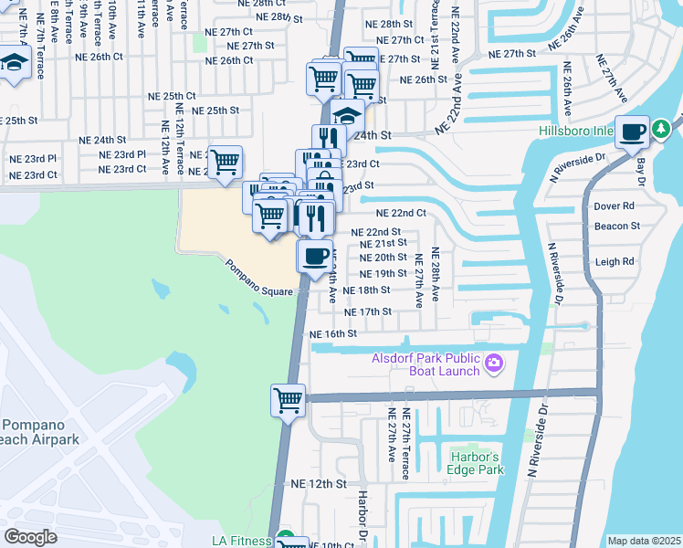 map of restaurants, bars, coffee shops, grocery stores, and more near 1991 Northeast 25th Avenue in Pompano Beach