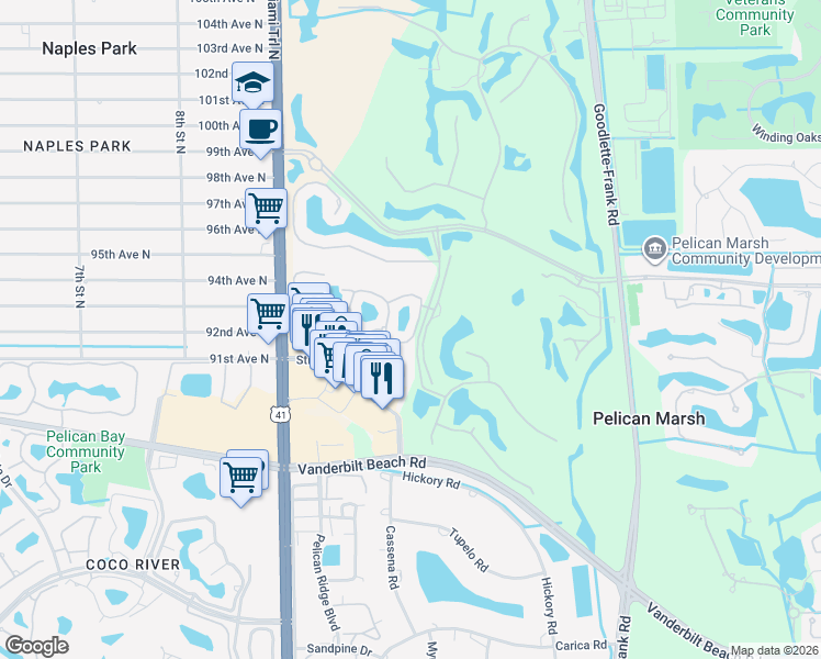 map of restaurants, bars, coffee shops, grocery stores, and more near 1054 Egrets Walk Circle in Naples