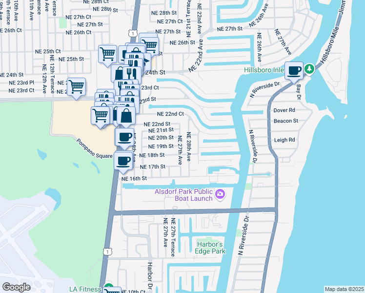 map of restaurants, bars, coffee shops, grocery stores, and more near 2800 Northeast 20th Street in Pompano Beach