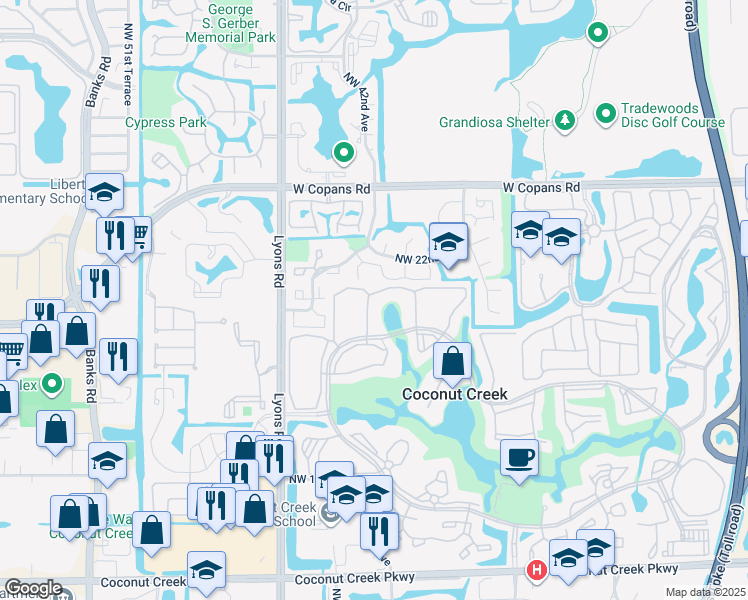 map of restaurants, bars, coffee shops, grocery stores, and more near 2304 Lucaya Lane in Coconut Creek