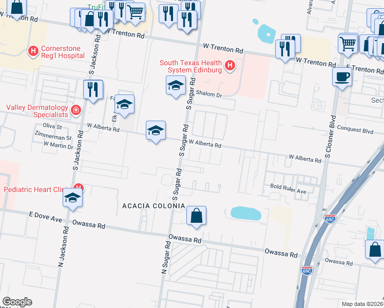 map of restaurants, bars, coffee shops, grocery stores, and more near 5005 Juno Court in Edinburg