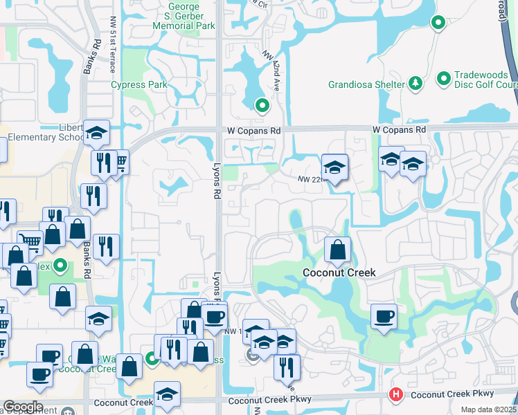 map of restaurants, bars, coffee shops, grocery stores, and more near 4429 Northwest 22nd Road in Coconut Creek