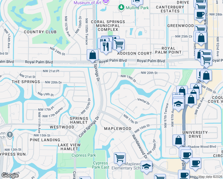 map of restaurants, bars, coffee shops, grocery stores, and more near 2017 Northwest 102nd Terrace in Coral Springs