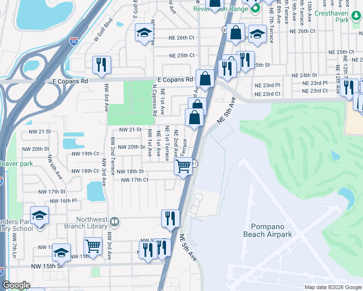 map of restaurants, bars, coffee shops, grocery stores, and more near 2030 Northeast 2nd Avenue in Pompano Beach