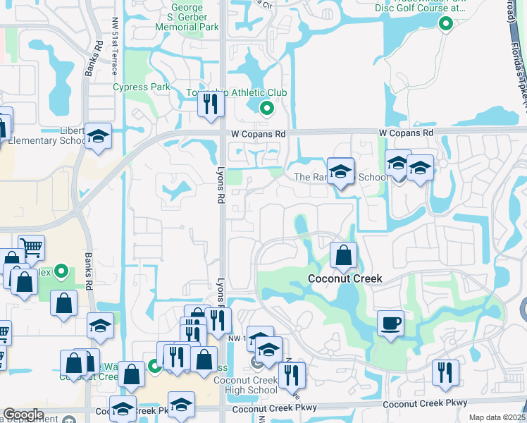 map of restaurants, bars, coffee shops, grocery stores, and more near 4429 Northwest 22nd Road in Coconut Creek