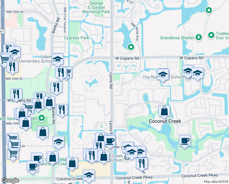 map of restaurants, bars, coffee shops, grocery stores, and more near 2047 Northwest 45th Avenue in Coconut Creek