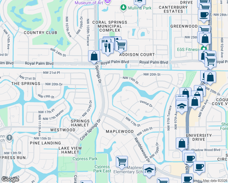 map of restaurants, bars, coffee shops, grocery stores, and more near 2048 Northwest 102nd Terrace in Coral Springs