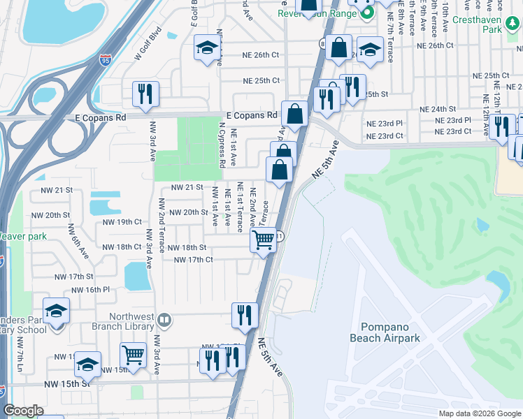 map of restaurants, bars, coffee shops, grocery stores, and more near 2030 Northeast 2nd Avenue in Pompano Beach