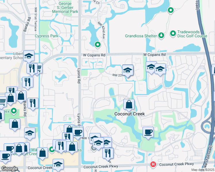 map of restaurants, bars, coffee shops, grocery stores, and more near 4228 Northwest 22nd Street in Coconut Creek