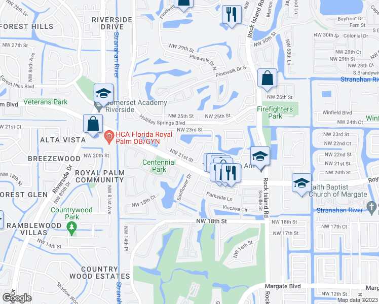 map of restaurants, bars, coffee shops, grocery stores, and more near 7686 Northwest 21st Court in Margate