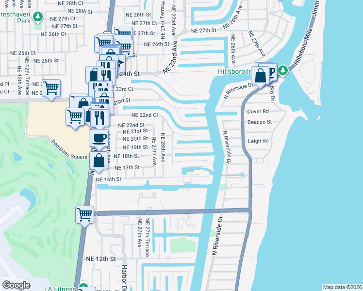map of restaurants, bars, coffee shops, grocery stores, and more near 2865 Northeast 19th Street in Pompano Beach