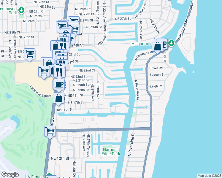 map of restaurants, bars, coffee shops, grocery stores, and more near 2860 Northeast 22nd Court in Pompano Beach