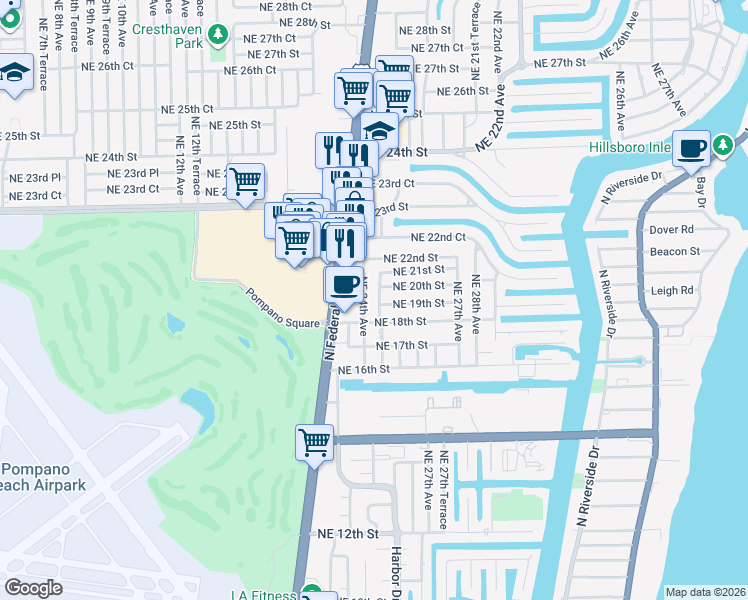 map of restaurants, bars, coffee shops, grocery stores, and more near 1991 Northeast 25th Avenue in Pompano Beach