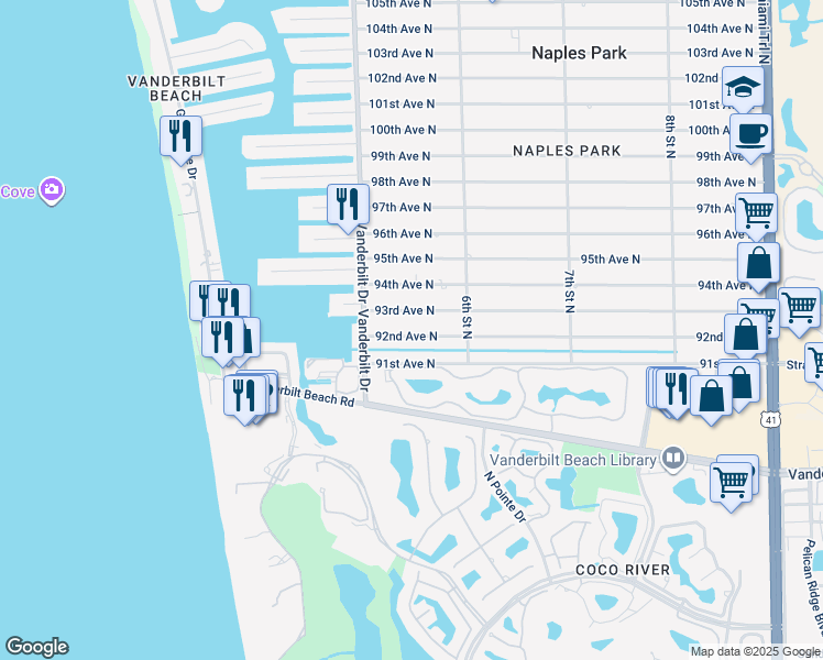 map of restaurants, bars, coffee shops, grocery stores, and more near 541 92nd Avenue North in Naples