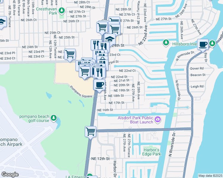 map of restaurants, bars, coffee shops, grocery stores, and more near 1991 Northeast 25th Avenue in Pompano Beach