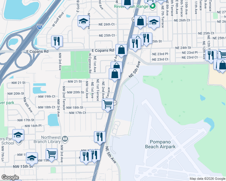 map of restaurants, bars, coffee shops, grocery stores, and more near 2027 North Dixie Highway in Pompano Beach