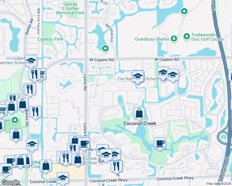 map of restaurants, bars, coffee shops, grocery stores, and more near 4228 Northwest 22nd Street in Coconut Creek