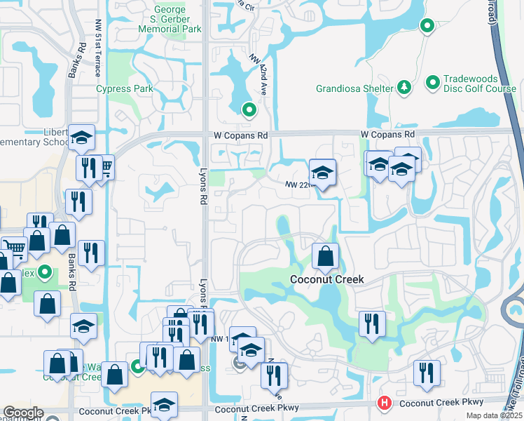 map of restaurants, bars, coffee shops, grocery stores, and more near 4228 Northwest 22nd Street in Coconut Creek