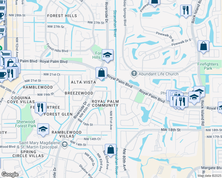 map of restaurants, bars, coffee shops, grocery stores, and more near 8110 Royal Palm Boulevard in Coral Springs