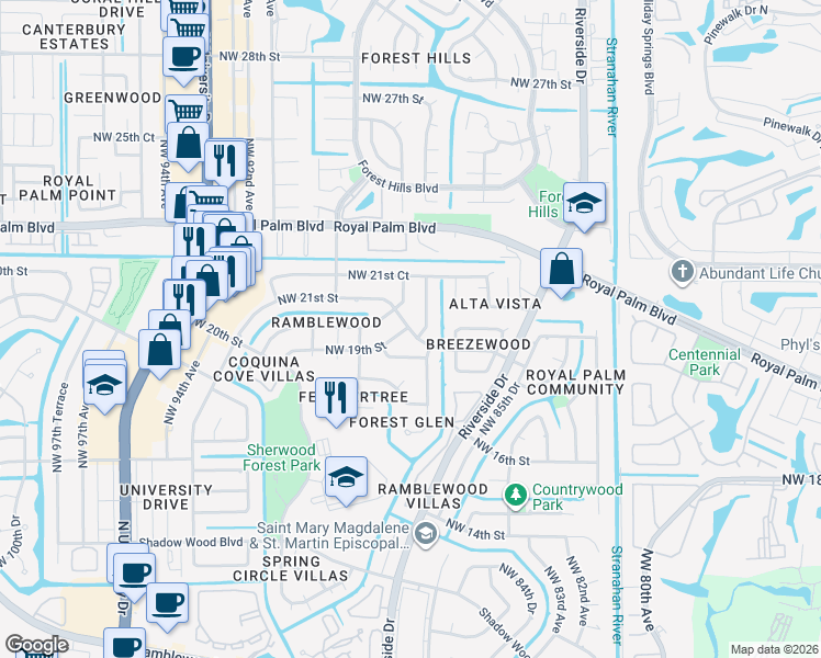 map of restaurants, bars, coffee shops, grocery stores, and more near 2073 Northwest 87th Terrace in Coral Springs