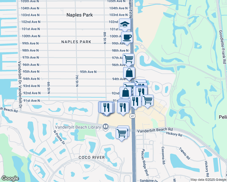 map of restaurants, bars, coffee shops, grocery stores, and more near 818 93rd Avenue North in Naples