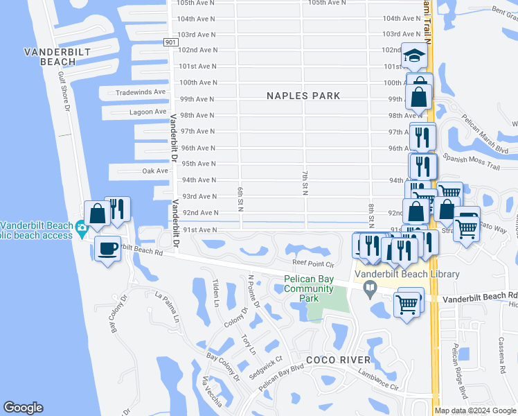 map of restaurants, bars, coffee shops, grocery stores, and more near 642 93rd Avenue North in Naples