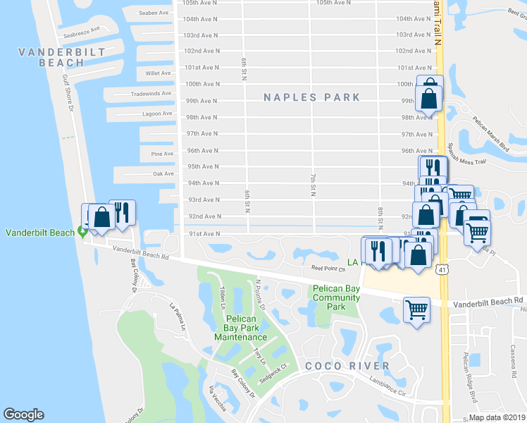 map of restaurants, bars, coffee shops, grocery stores, and more near 642 93rd Avenue North in Naples