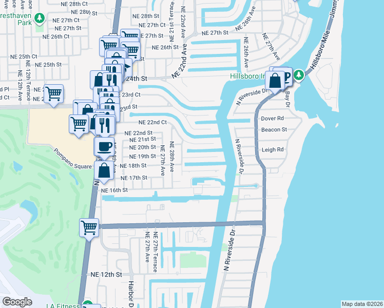 map of restaurants, bars, coffee shops, grocery stores, and more near 2865 Northeast 19th Street in Pompano Beach