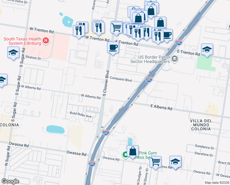 map of restaurants, bars, coffee shops, grocery stores, and more near 206 Conquest Boulevard in Edinburg