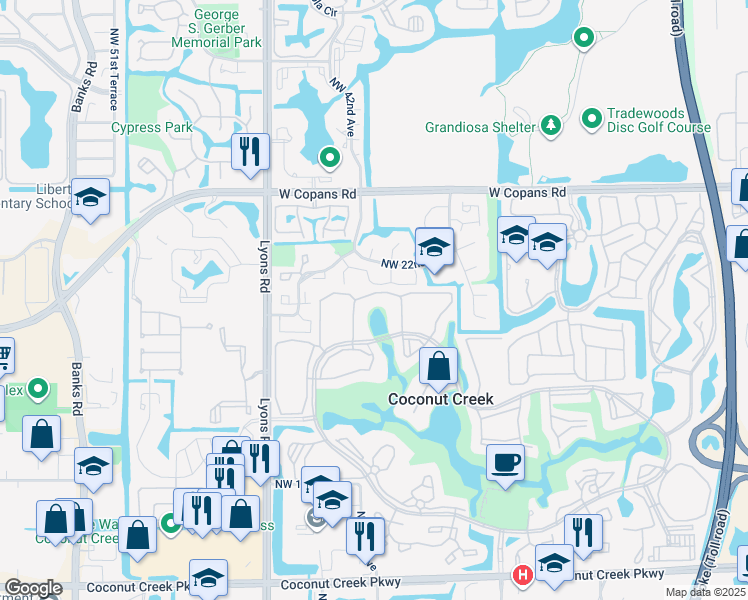map of restaurants, bars, coffee shops, grocery stores, and more near 4228 Northwest 22nd Street in Coconut Creek