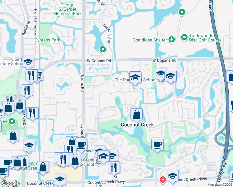 map of restaurants, bars, coffee shops, grocery stores, and more near 2305 Lucaya Lane in Coconut Creek