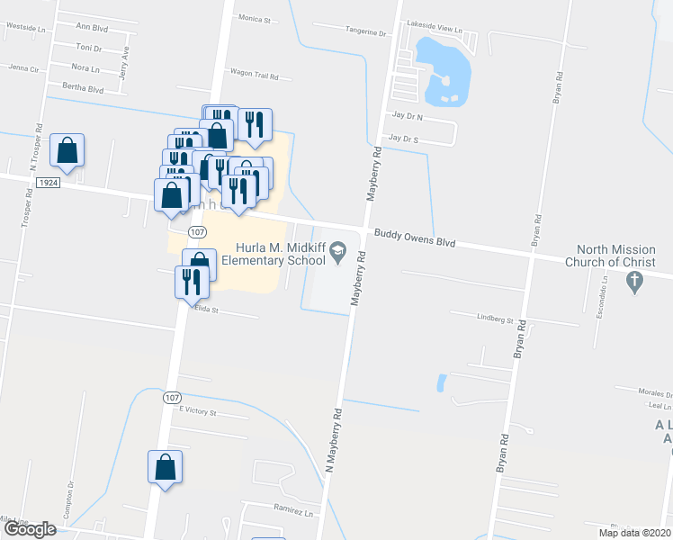 map of restaurants, bars, coffee shops, grocery stores, and more near 4201 North Mayberry Road in Palmhurst