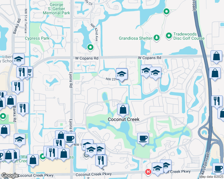 map of restaurants, bars, coffee shops, grocery stores, and more near 4083 Northwest 22nd Street in Coconut Creek